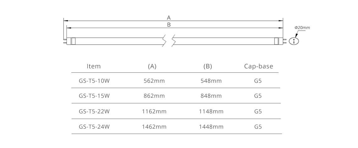 gs led tube light t5 dimension